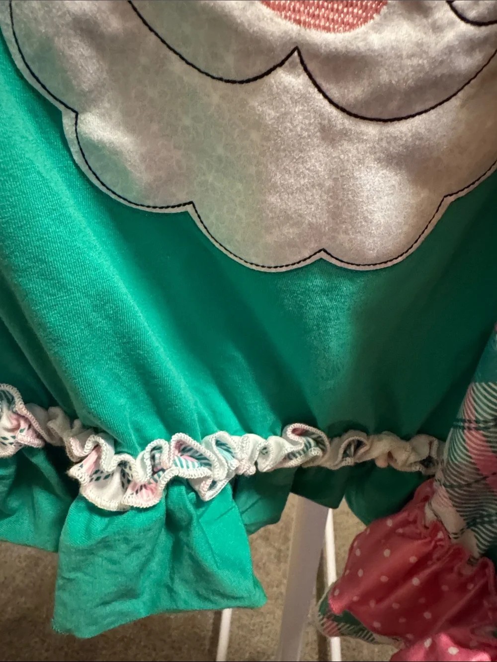 Girls Green Santa Appliqué Set with Pink Plaid Pants